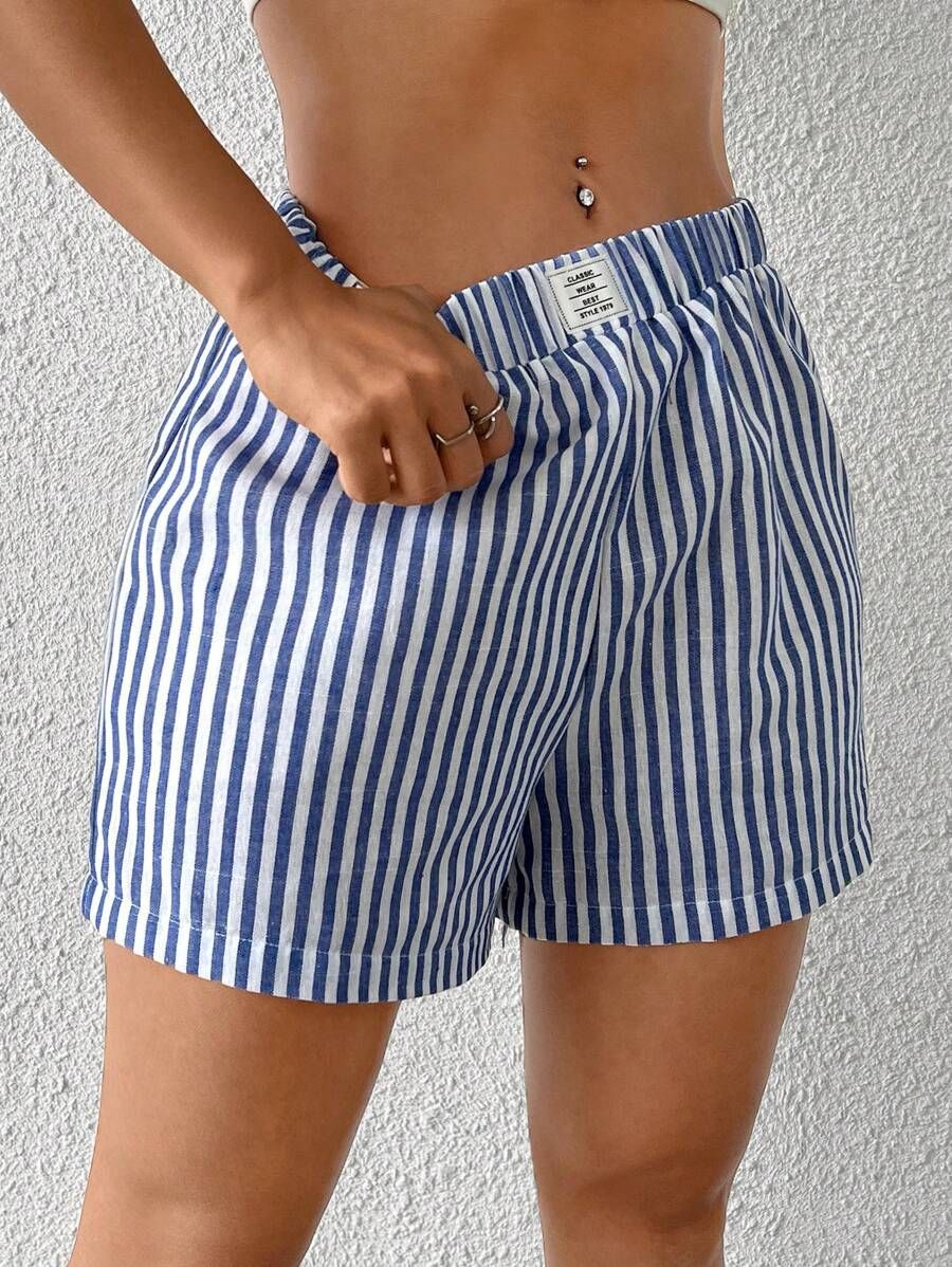 Dame stripete shorts laget av lett bomull med elastisk liv Skjora