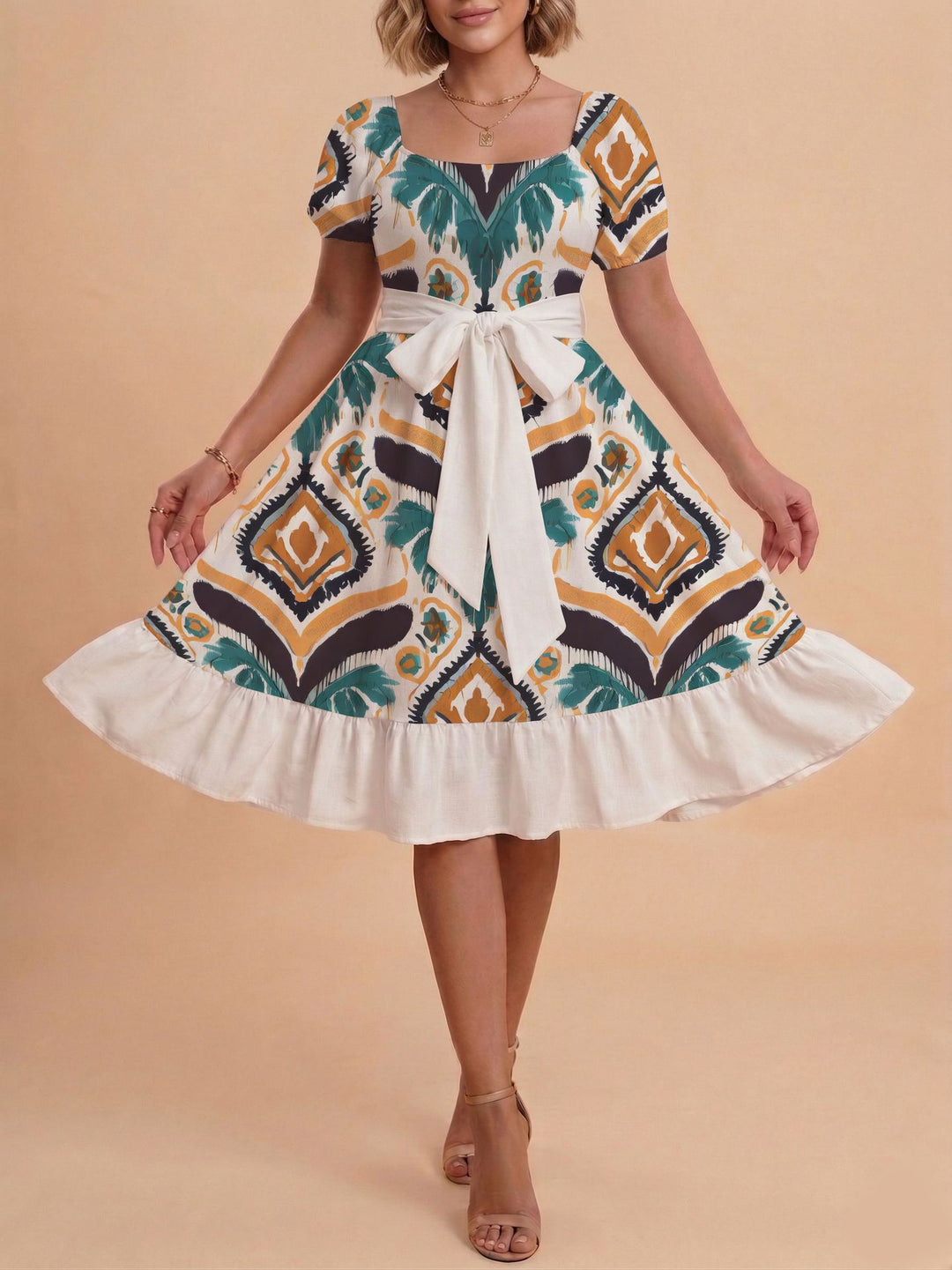 Damen Retro Maxikleid mit Puffärmeln und Taillengürtel Skjora