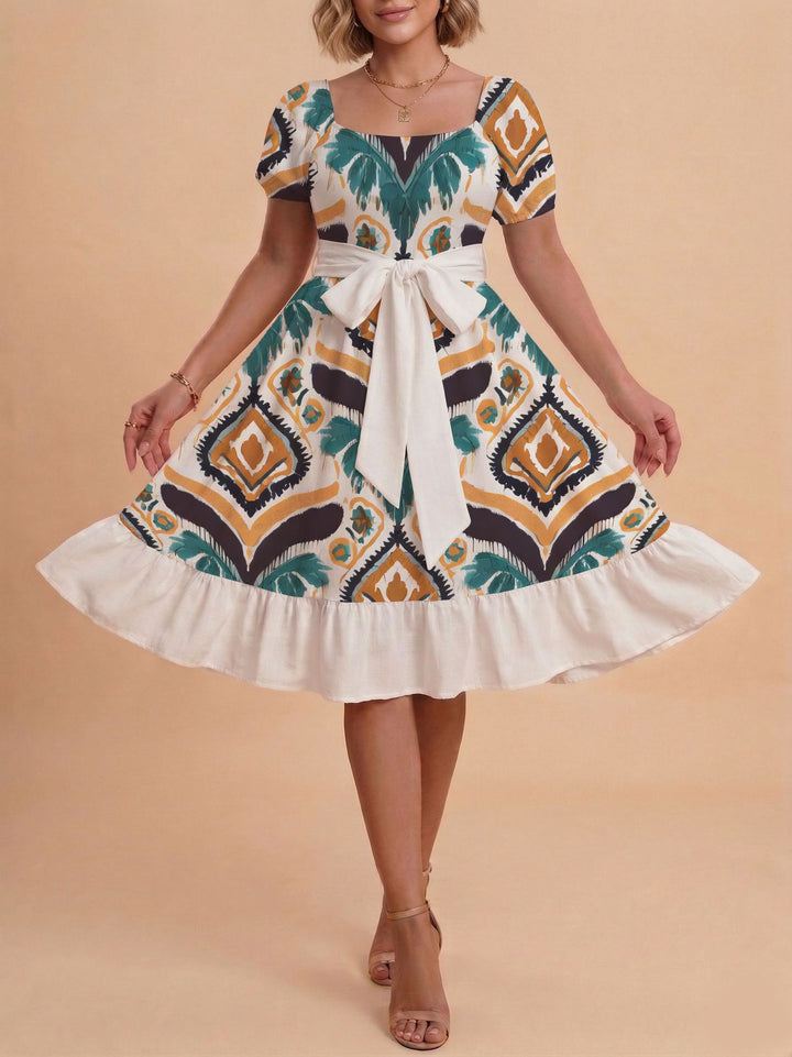 Damen Retro Maxikleid mit Puffärmeln und Taillengürtel Skjora