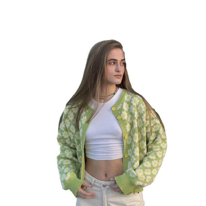 Dame cardigan med blomstermønster og fargerike knapper Skjora