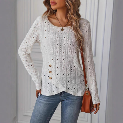 Women's long-sleeved shirt with decorative buttons and textured weave
