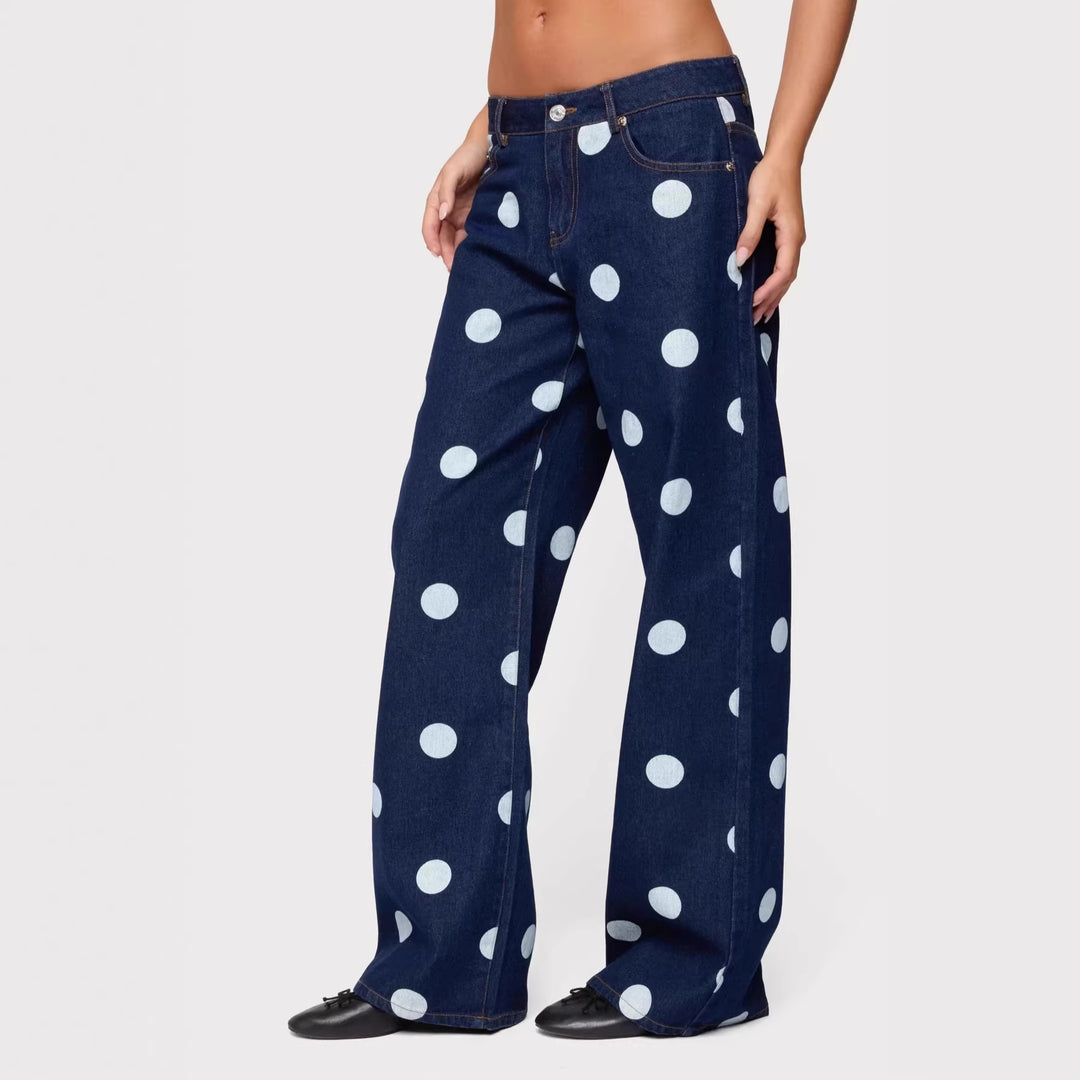 Dame Polka-Dot Denim-set med avslappet snitt og trendy detaljer Skjora