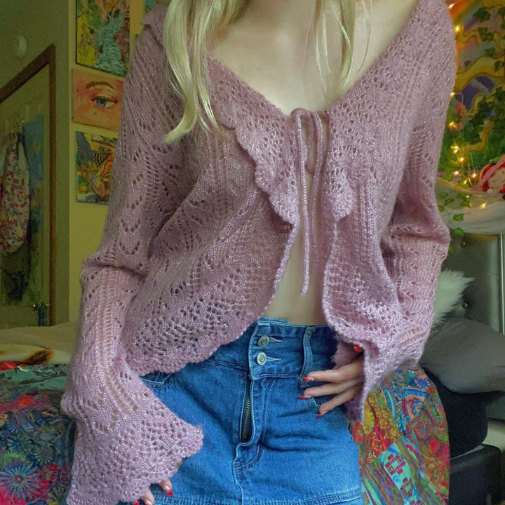 Damer heklede cardigan med volangdetaljer Skjora