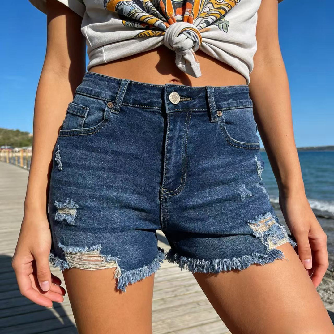 Dame Ødelagte Denim-Shorts med fransete kant og stilige rivedetaljer Skjora