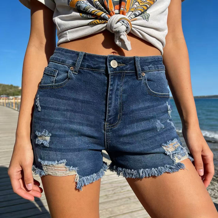 Dame Ødelagte Denim-Shorts med fransete kant og stilige rivedetaljer Skjora