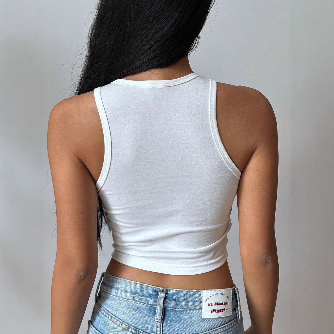 Dame Cropped Tanktop med kreativ tekst og livlig design Skjora