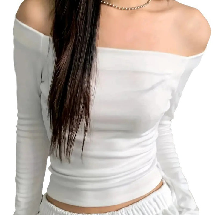 Dame Off-Shoulder Langerm T-skjorte med behagelig passform og uformell eleganse Skjora