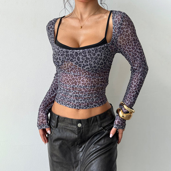 Damer gjennomsiktig langermet topp med leopardmønster og elegante volanger Skjora