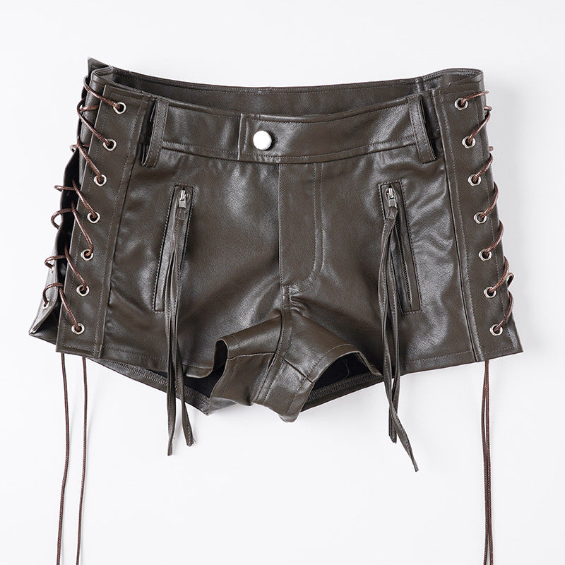 Dame Kunstlær-Shorts med dekorative knappe-detaljer Skjora