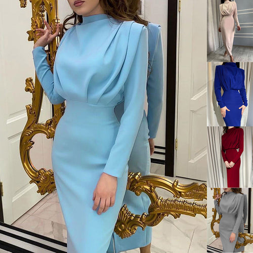 Dame Elegant Langermet Maxi-Kjole med raffinert Drapering og Høy Krage Skjora