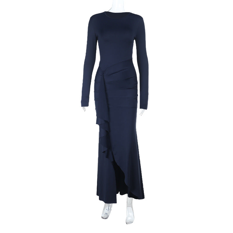 Dame elegant maxikjole med asymmetrisk volanginnsats og lang silhuett Skjora