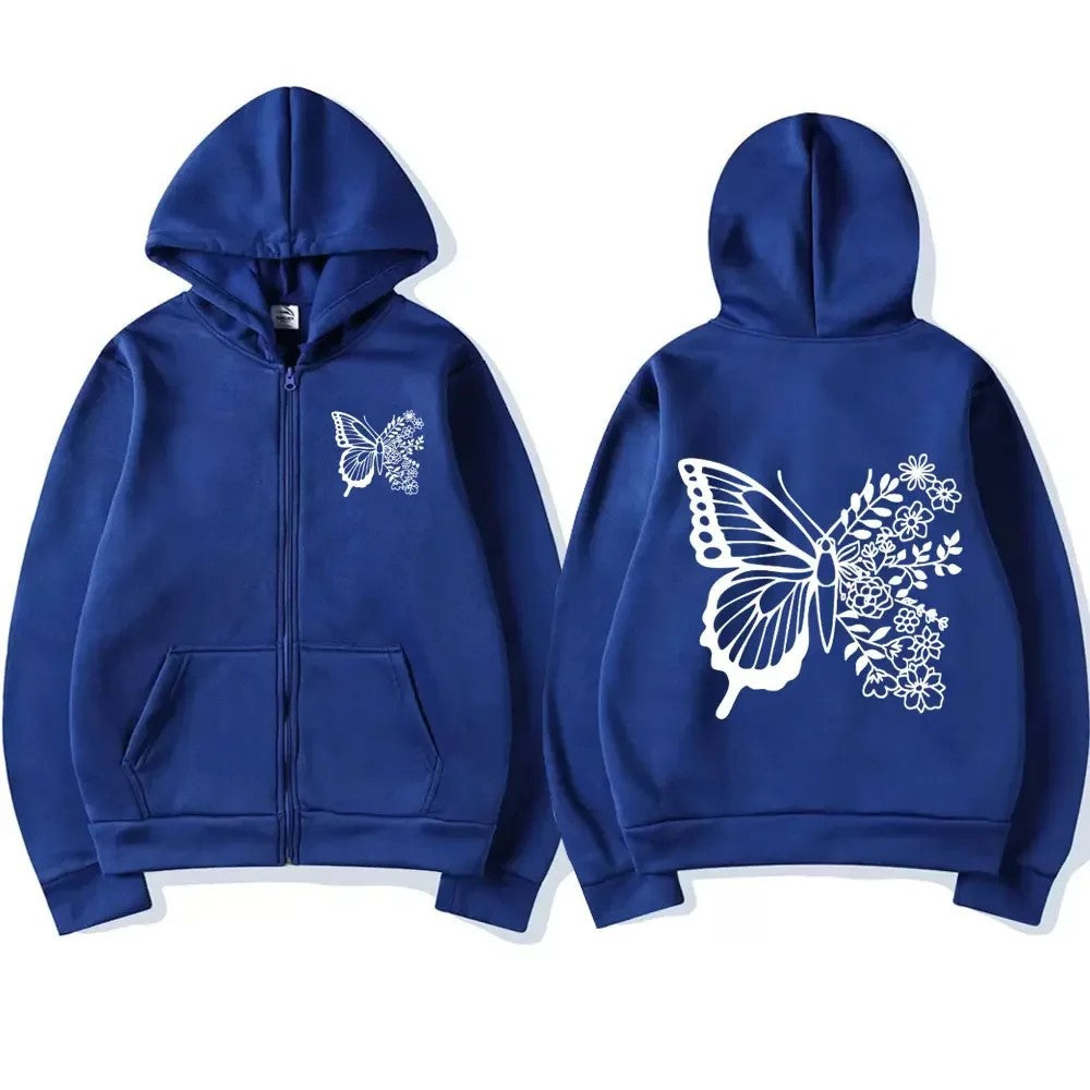 Dame hoodie med blomster sommerfuglmotiv og praktisk kengurulomme Skjora