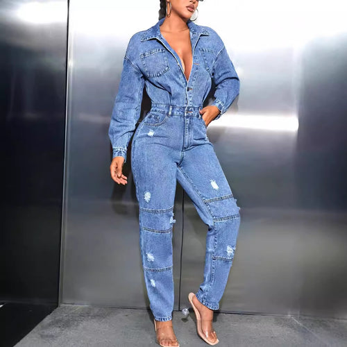 Kvinnelig denim overall med tettsittende snitt og trendy ødelagte detaljer Skjora