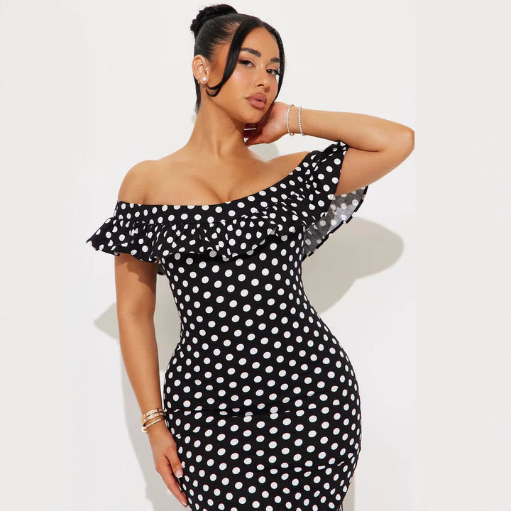 Damen Elegantes Maxikleid mit Rüschendetails und Polka-Dots Skjora