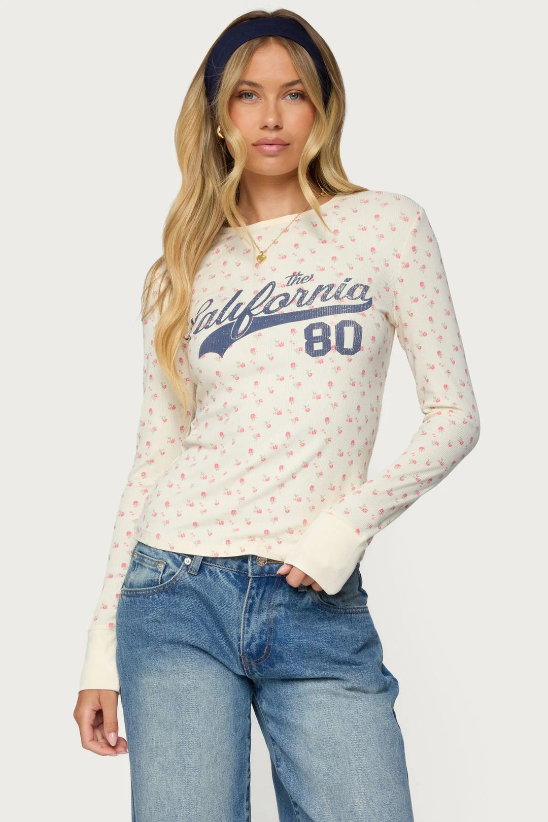 Dame Langermet T-skjorte med blomsterprint og sporty trykk Skjora