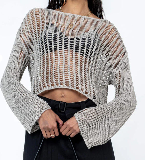 Dame luftig Cropped strikketop med vide ermer Skjora