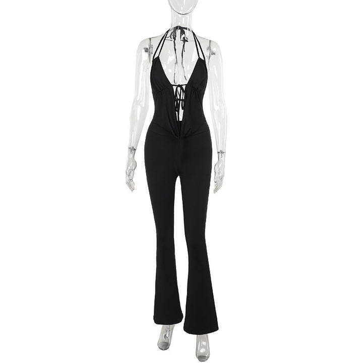 Dame stilfull jumpsuit med dyp V-hals og snøring Skjora