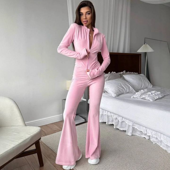Damer Fleece Tracksuit med Elegant Glidelås og Flared Ben Skjora