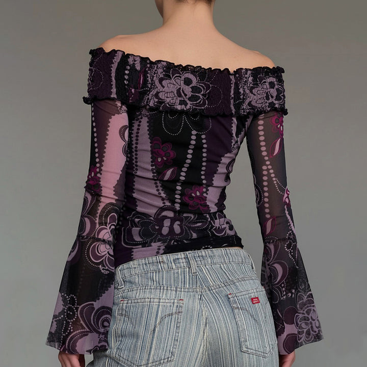 Dame Off-Shoulder Bluse med elegante ruffle-detaljer og vide ermer Skjora