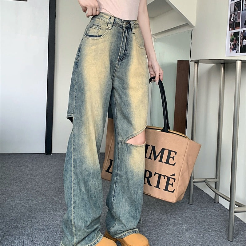 Dame Bred Denim Bukser med Asymmetriske Knapper Skjora