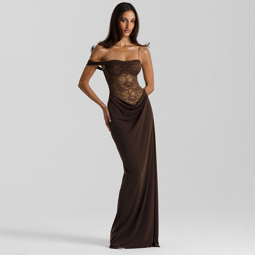 Dame Off-Shoulder Aftenkjole med raffinert spissapplikasjoner og flytende materiale Skjora