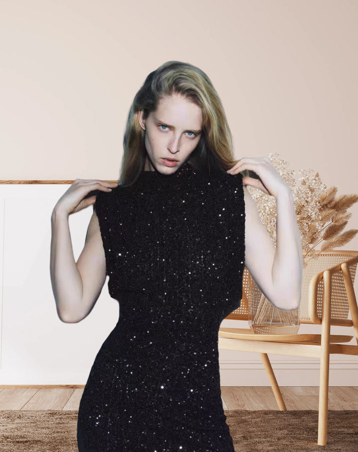 Women's Elegant Cocktail Dress with Shimmering Sequin Design and High Neck Collar