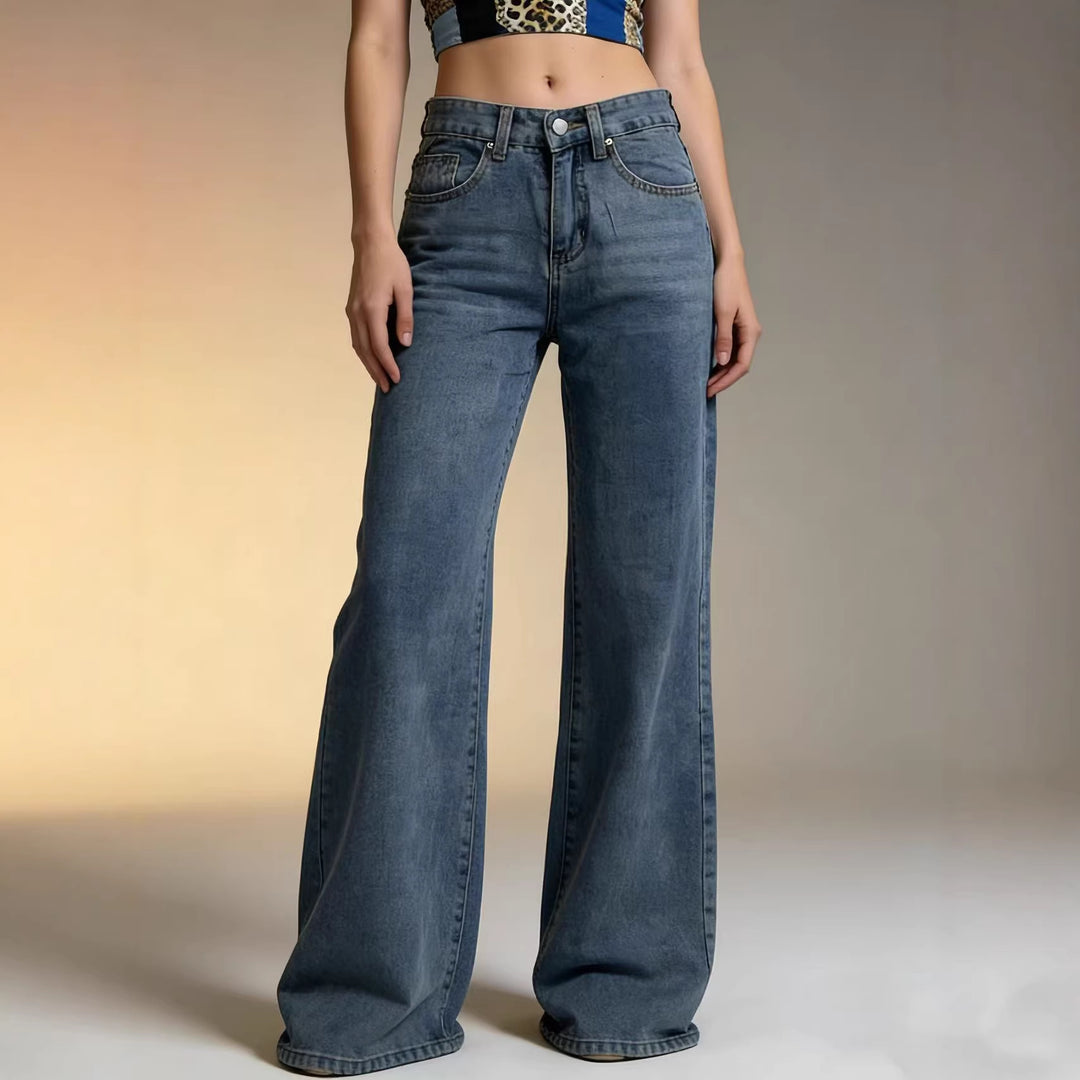 Dame Bred Høyt liv Jeans med spesielle søm detaljer Skjora
