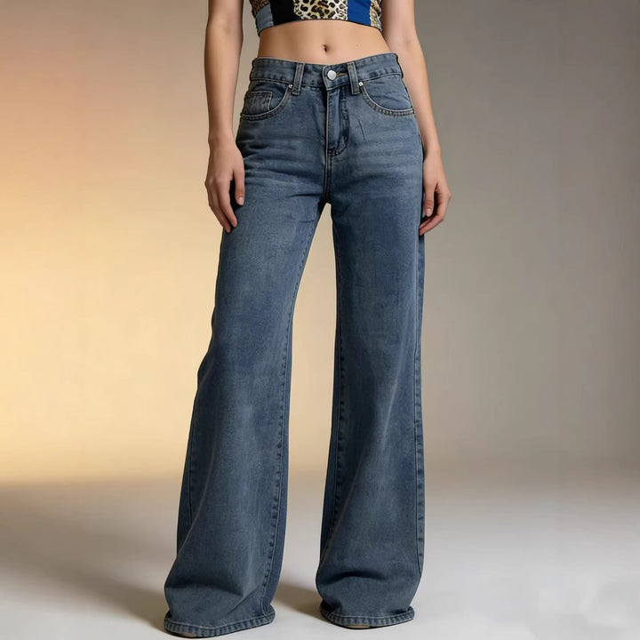 Dame Bred Høyt liv Jeans med spesielle søm detaljer Skjora