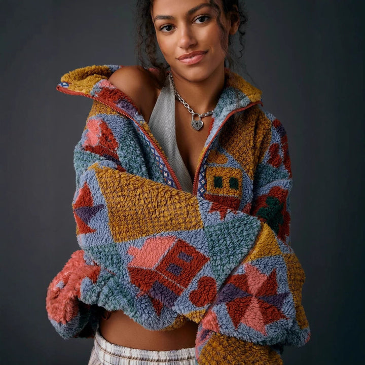Dame Cozy Fleece Jakke med Fargerikt Patches Mønster Skjora