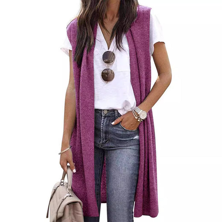 Dames Elegant Lang Strikket Vest i Uformell Stil