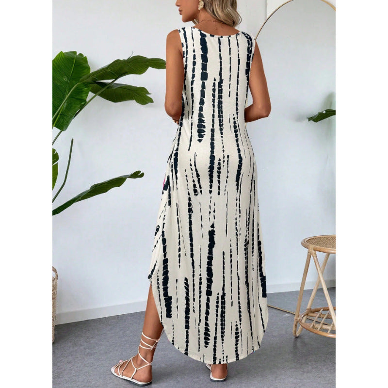 Dame maxikjole med sidelommer og moderne stripes mønster Skjora