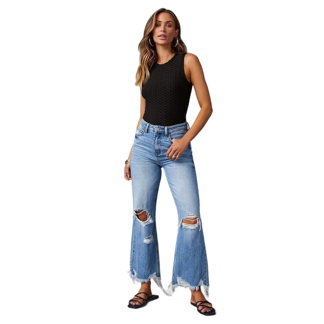 Dame Flared Jeans med stilige rift detaljer og frynsete hem Skjora