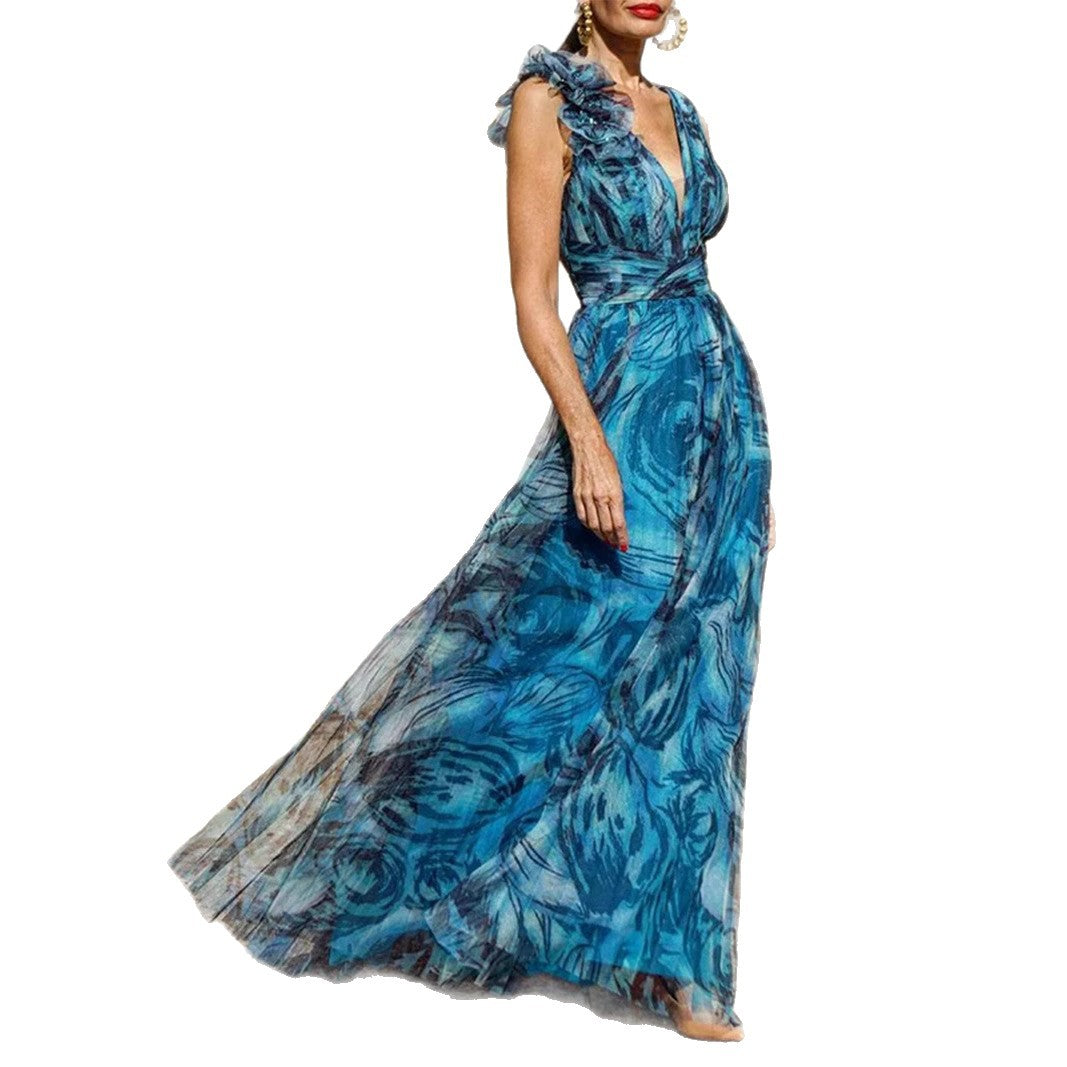 Damer Elegant Maxi Kjole med Delikate Volangdetaljer og Opaque Chiffon Skjora
