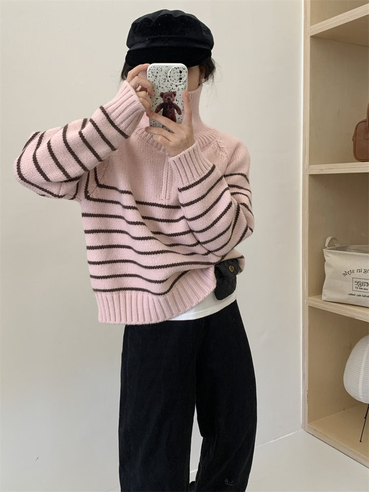 Kvinne Casual Genser med Stripete Design og Halv Glidelås Skjora