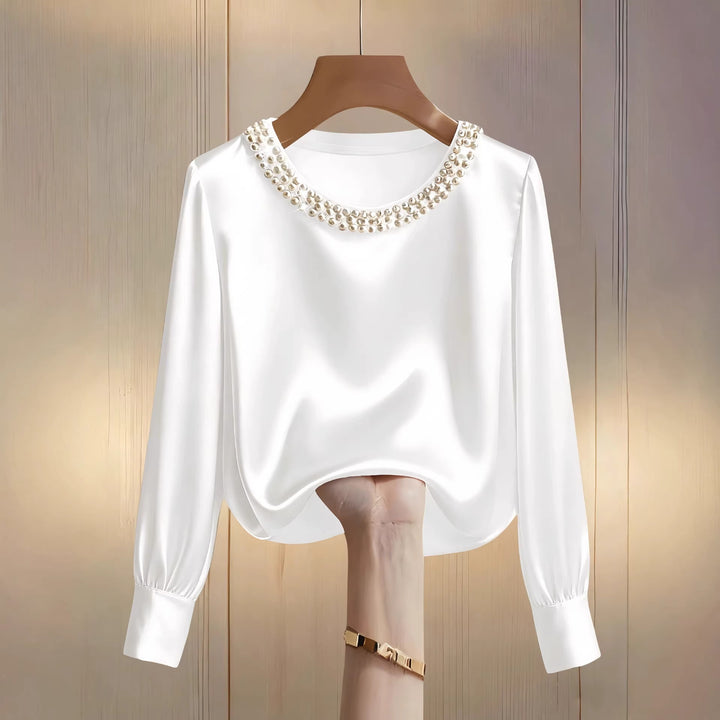 Dame elegant satenglosse bluse med perlekra Whisper