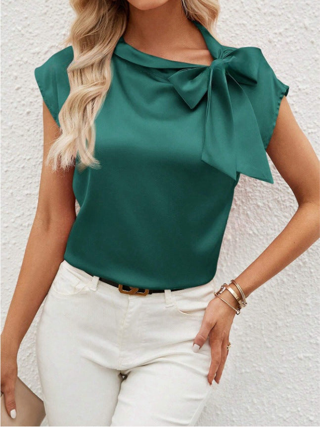 Dame Elegant Satengbluse med Sløyfedetalj Skjora