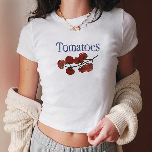 Dame Crop-T-skjorte med kreativt tomatmotiv Skjora