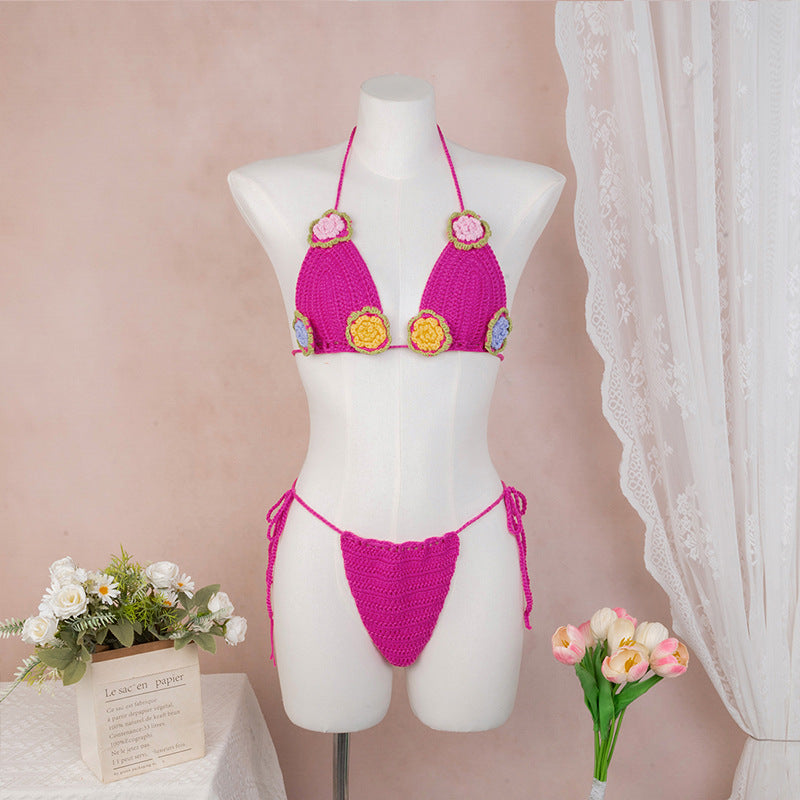 Damen Häkel-Bikini mit verspieltem Blumendesign und verstellbaren Bändern Skjora