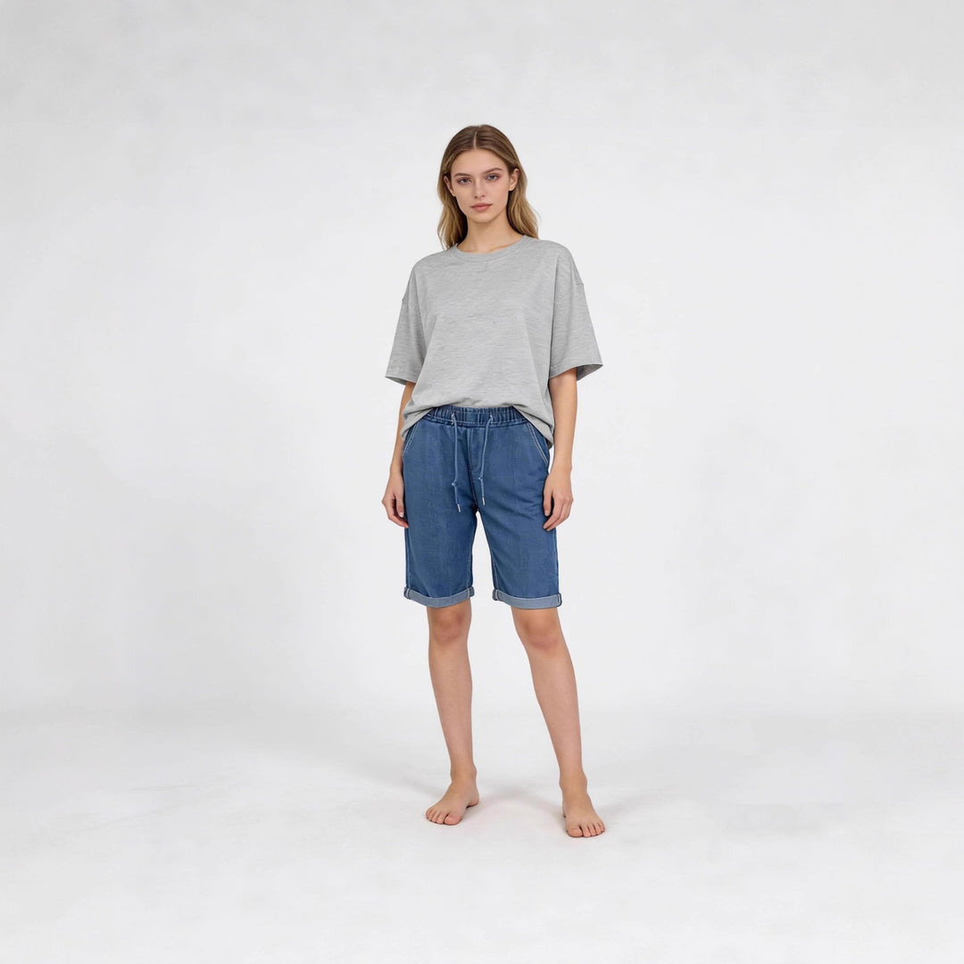 Dame Jeans-shorts med elastisk midje og praktiske lommer Skjora