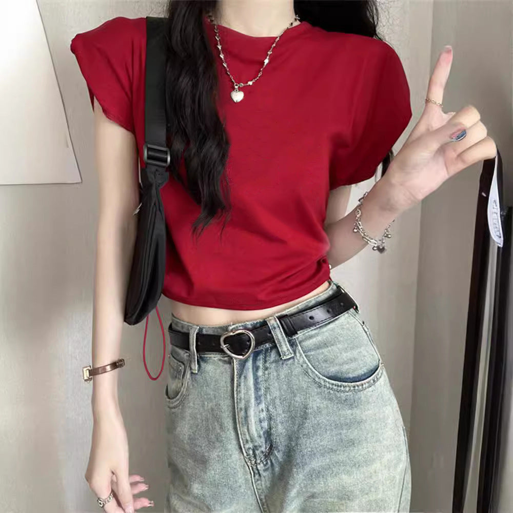 Kvindernes cropped T-shirt med justerbar snor og trendy puffærmer