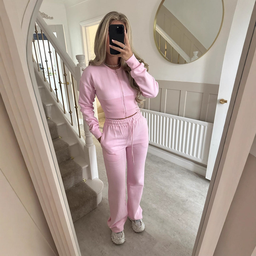 Dame Casual Cropped Hoodie og Joggebukse Sett med Elastisk Midje