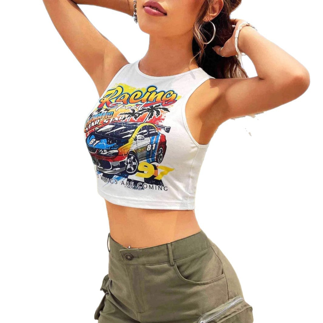 Dame Cropped Tank-Top med kreativ bilsportmotiv og avslappet snitt Skjora