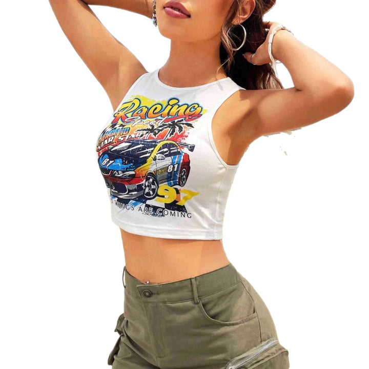 Dame Cropped Tank-Top med kreativ bilsportmotiv og avslappet snitt Skjora