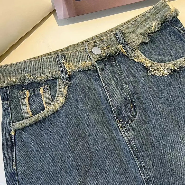 Kvinne Stilig Denim Midi Skjørt med Frontsplitt Skjora
