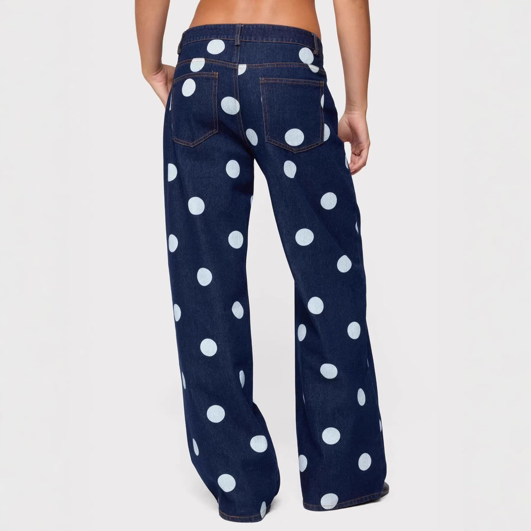 Dame Polka-Dot Denim-set med avslappet snitt og trendy detaljer Skjora