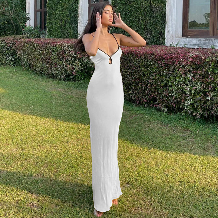 Damer Elegant Sateng Maxi Kjole med justerbare spaghetti stropper og dyp V-hals Skjora