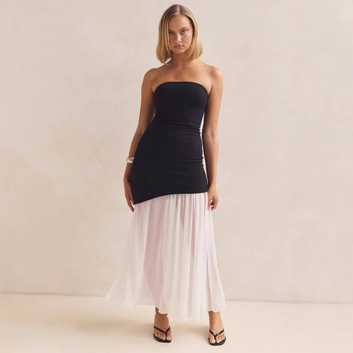 Kvinners elegante bandeau maksikjole med flytende chiffon skjørt og figurnær bodice