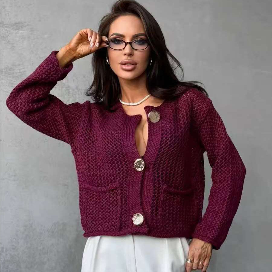 Damer mesh strikket cardigan med praktiske lommer og dekorative knapper Skjora