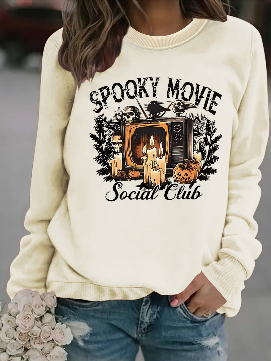Dame sweatshirt med skummelt filmmotiv og avslappet snitt Skjora
