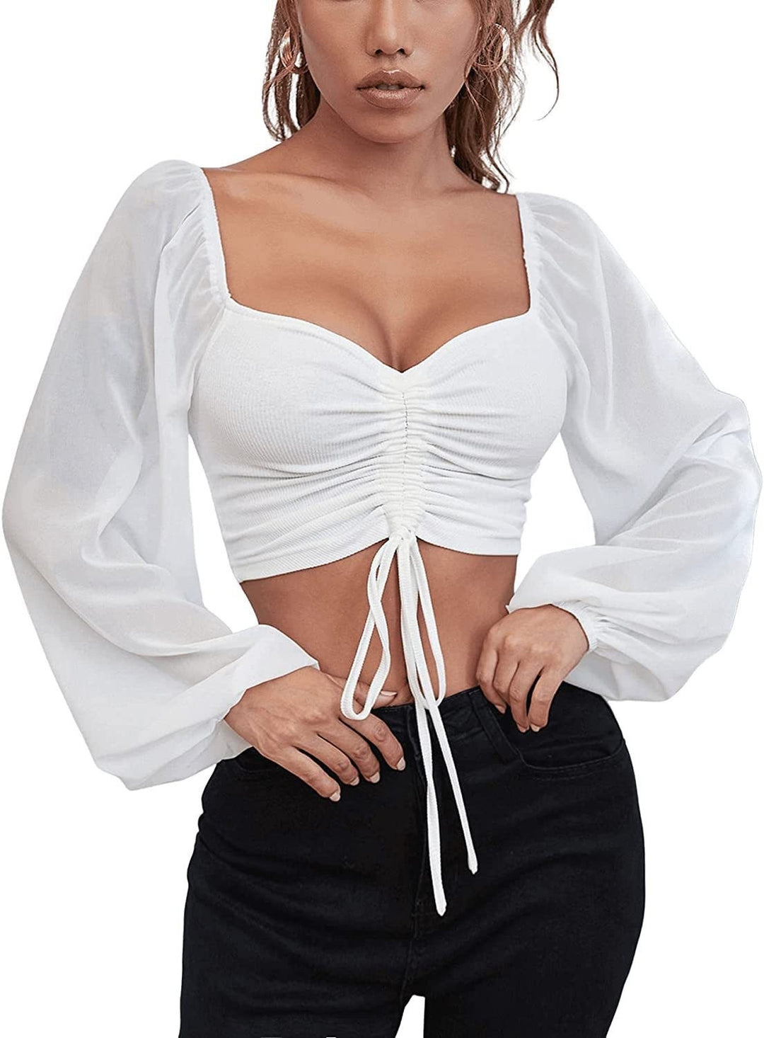 Dame Crop-Top med strukturert kropp og elegante pufferm. Skjora
